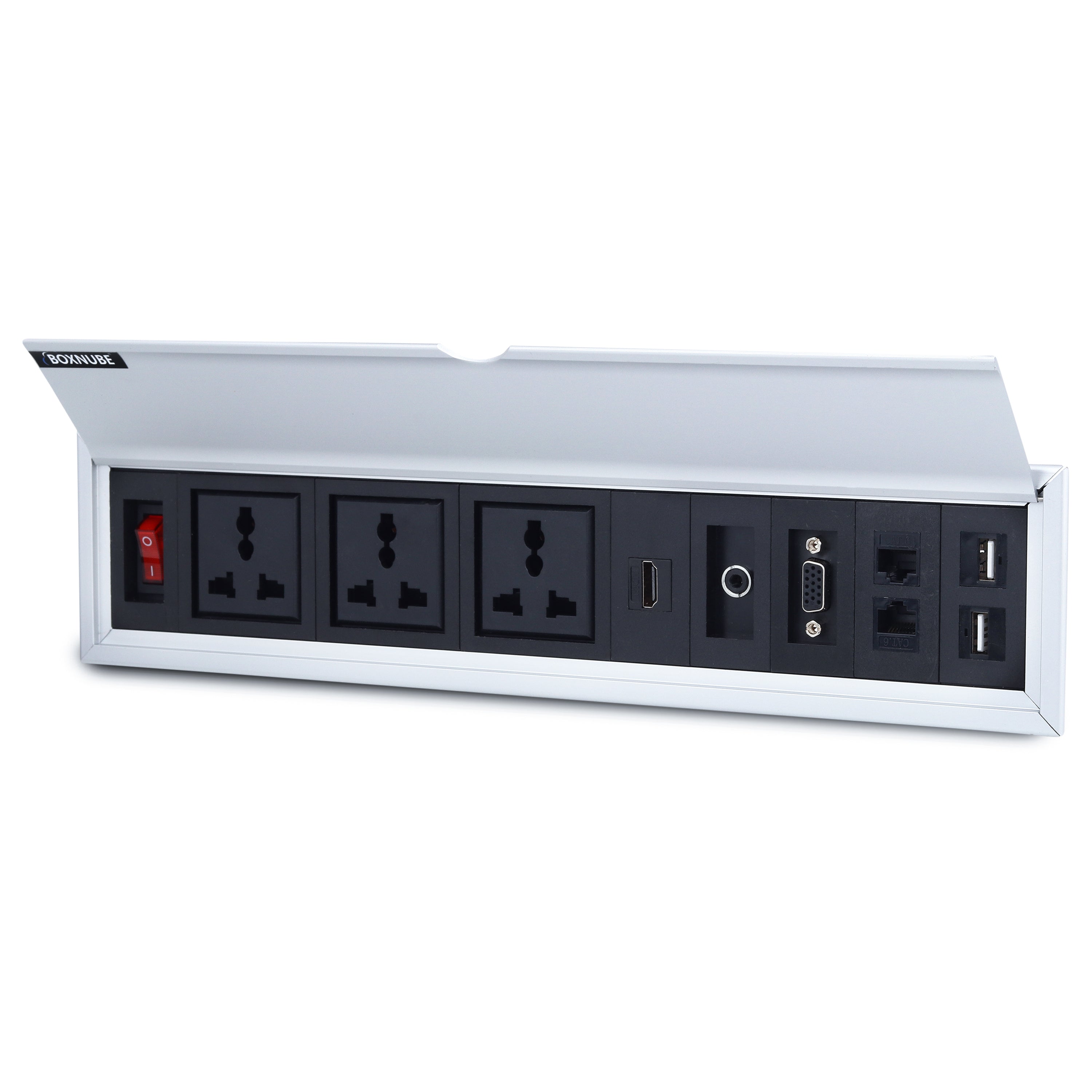 BOXNUBE Fliptop Box Cable Cubby Extension Board with On/Off Switch, Universal Power Sockets, LAN , HDMI , VGA , Aux , USB-A Ports BOXNUBE Fliptop Box Cable Cubby Extension Board with On/Off Switch, Universal Power Sockets, LAN , HDMI , VGA , Aux , USB-A Ports